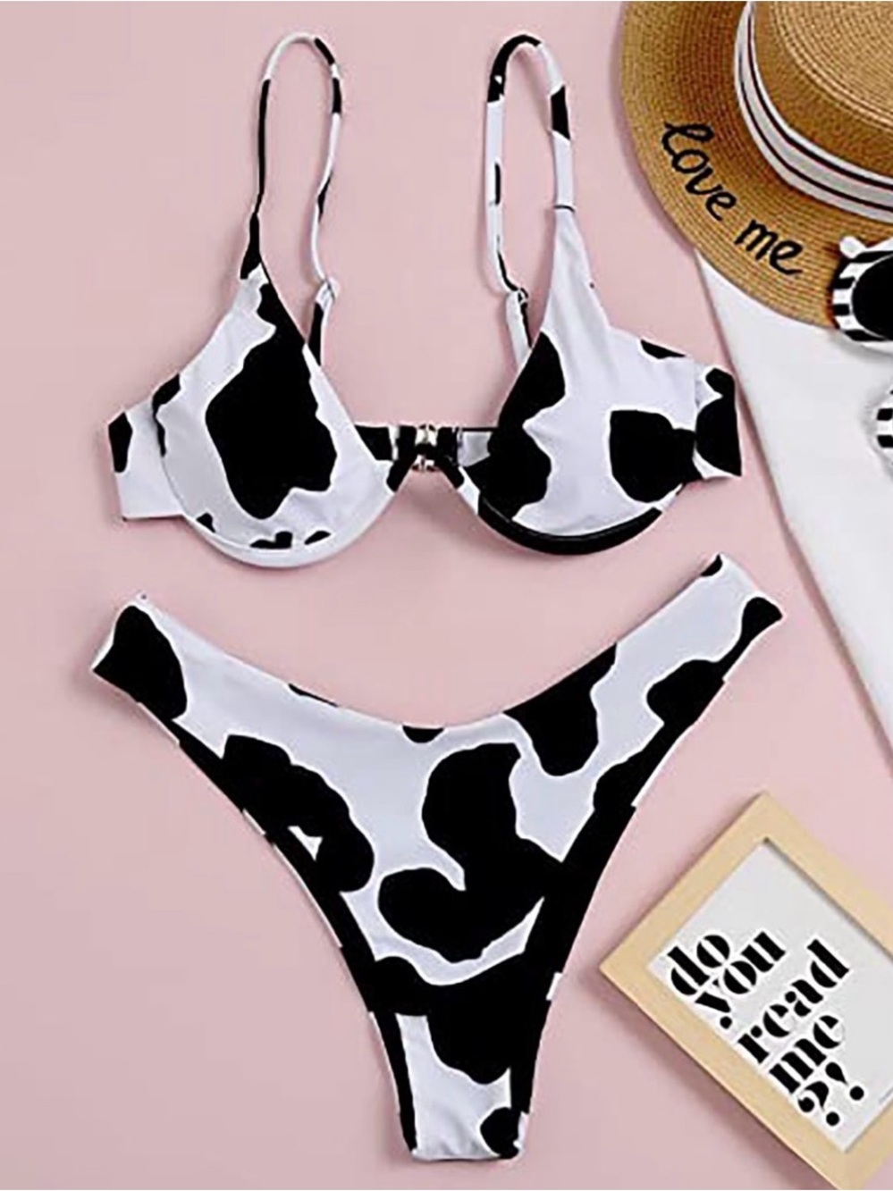 SHEIN Black & White Cow Print Underwire Bikini Set